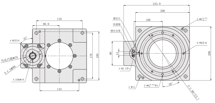 DH200中空旋转平台尺寸图